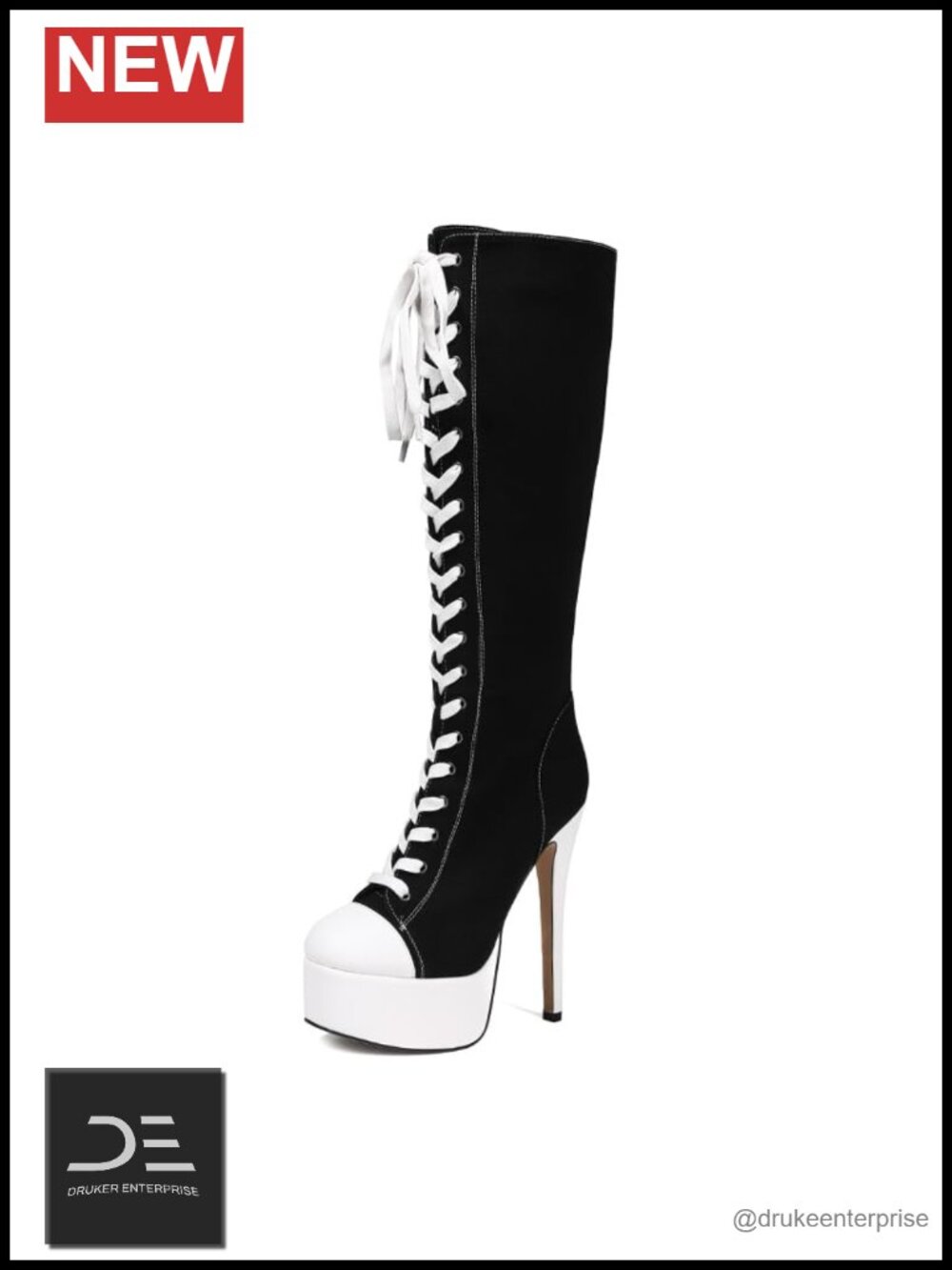 Canvas Lace Up Knee High Platform Stiletto Heel Boots Round Toe